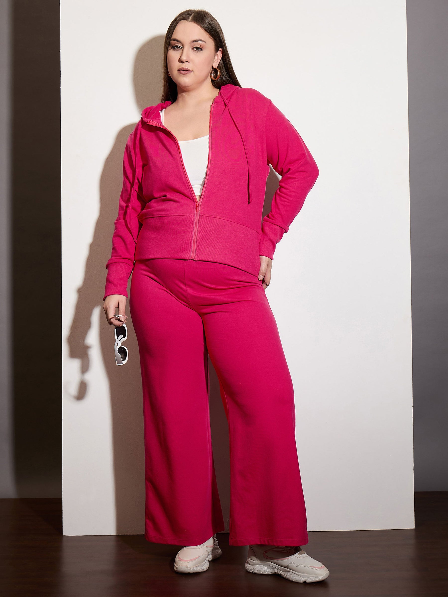 Fuchsia Terry Zipper Hoodie Jacket with Track Pants-SASSAFRAS Curve