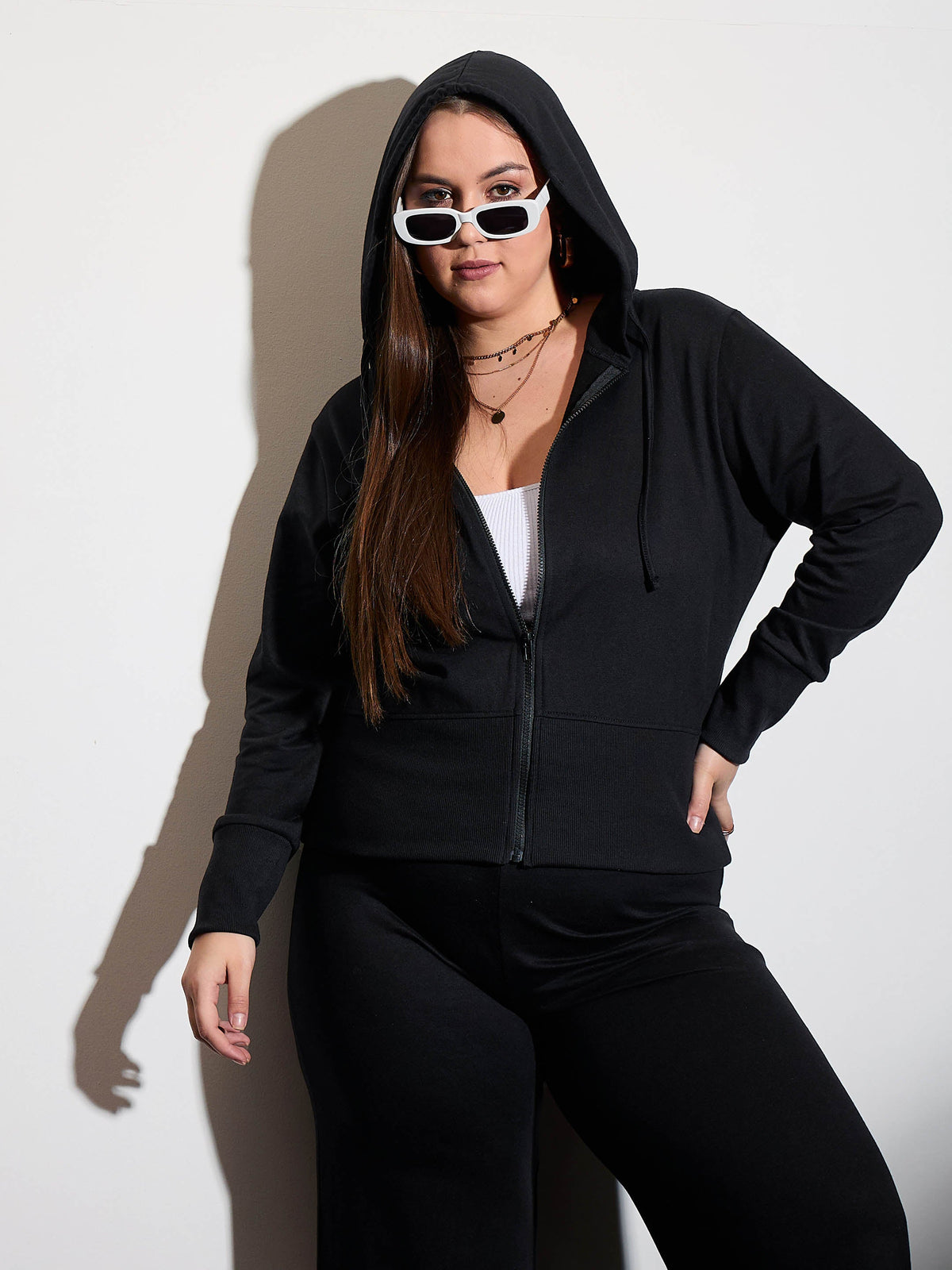 Black Terry Zipper Hoodie Jacket-SASSAFRAS Curve