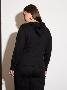 Black Terry Zipper Hoodie Jacket-SASSAFRAS Curve