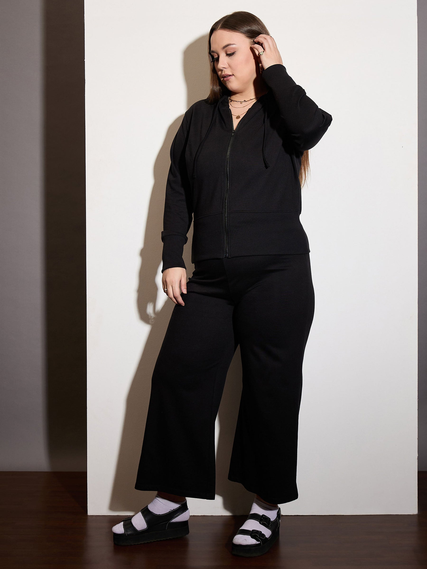 Black Terry Zipper Hoodie Jacket with Track Pants-SASSAFRAS Curve