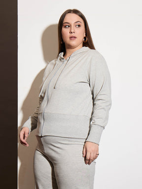 Grey Melange Terry Zipper Hoodie Jacket-SASSAFRAS Curve