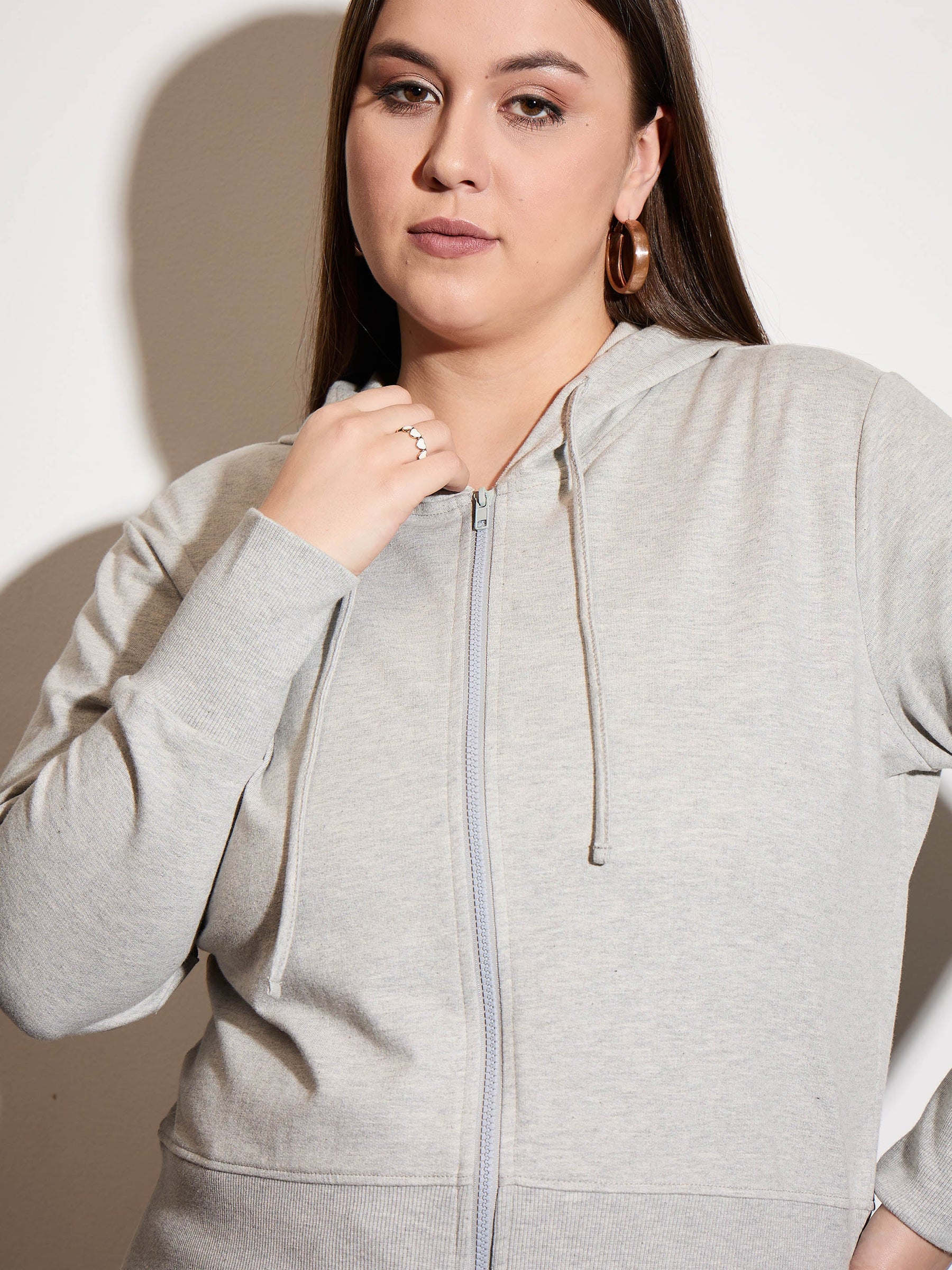 Grey Melange Terry Zipper Hoodie Jacket-SASSAFRAS Curve