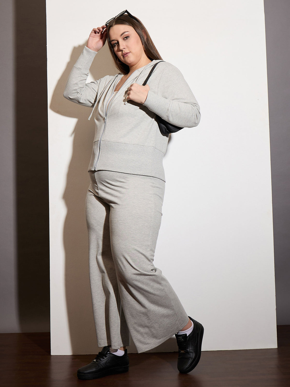 Grey Melange Terry Zipper Hoodie Jacket with Track Pants-SASSAFRAS Curve