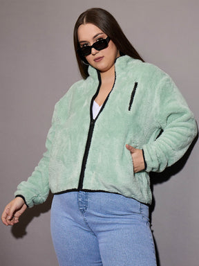 Green Faux Fur Contrast Piping Zipper Jacket-SASSAFRAS Curve