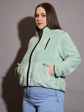 Green Faux Fur Contrast Piping Zipper Jacket-SASSAFRAS Curve