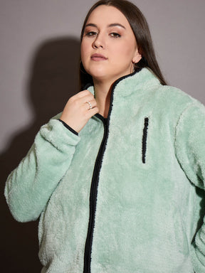 Green Faux Fur Contrast Piping Zipper Jacket-SASSAFRAS Curve