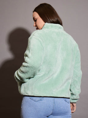 Green Faux Fur Contrast Piping Zipper Jacket-SASSAFRAS Curve