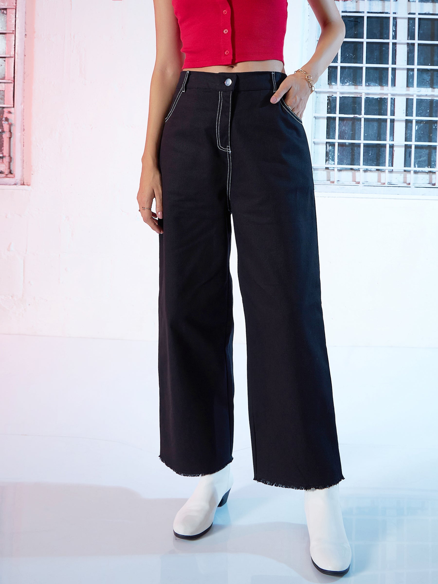 Buy Black With White Contrast Stitch Wide Jeans Online At Best