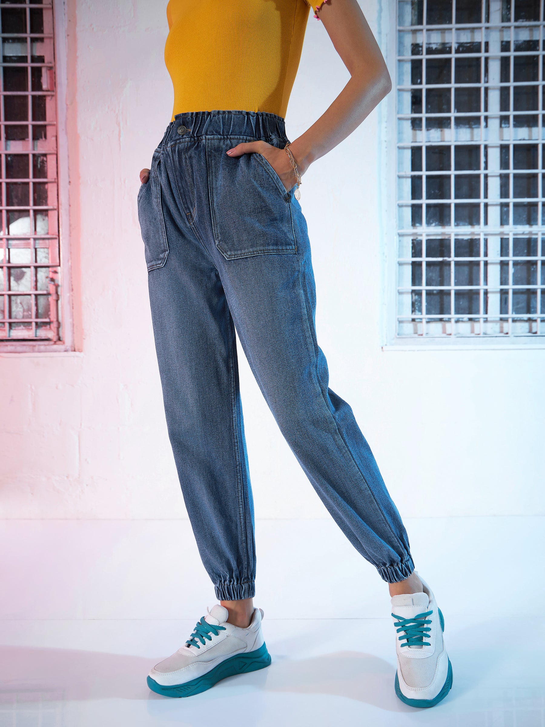 Buy Women Blue Utility Denim Jogger Jeans Online At Best Price