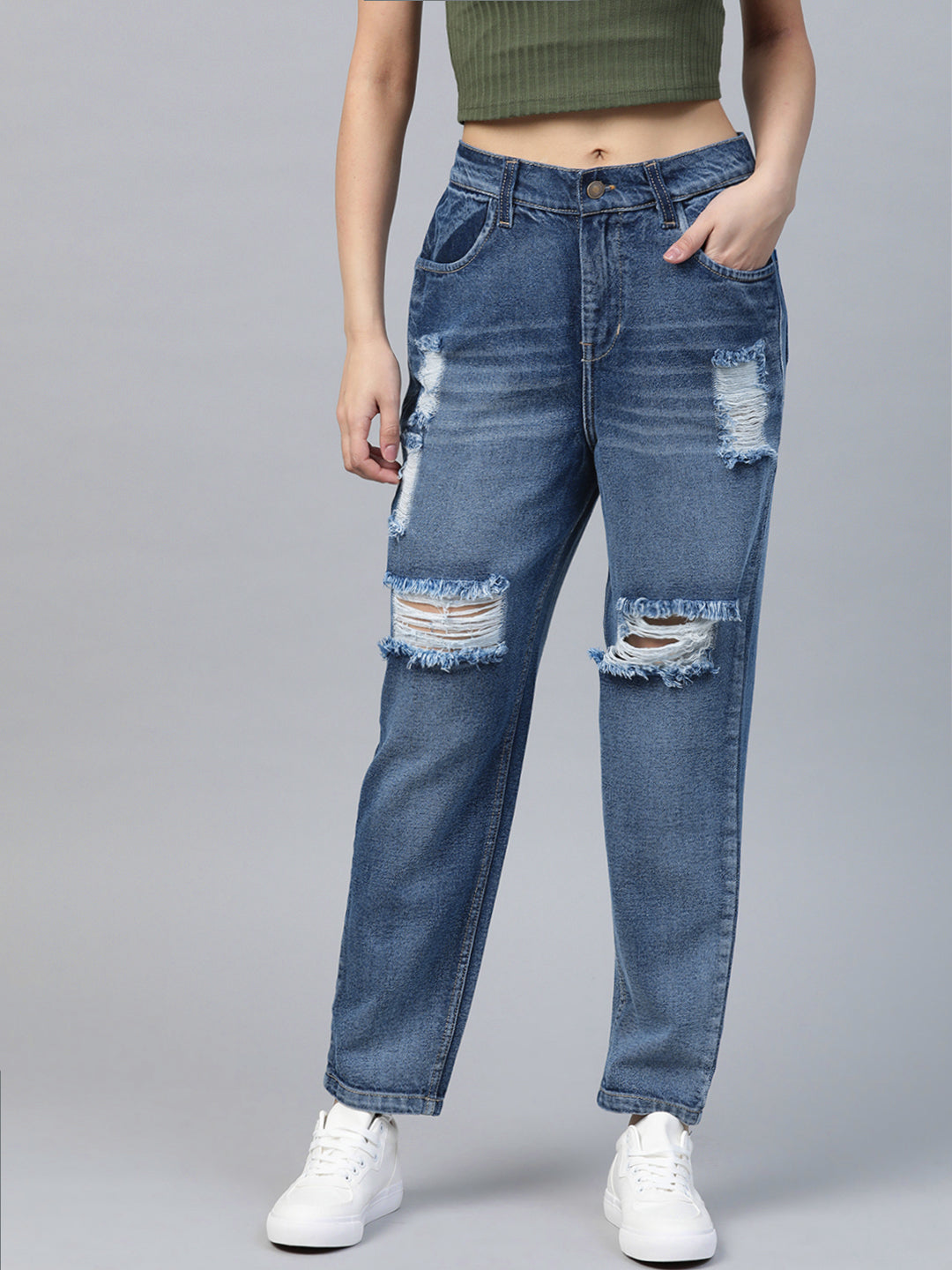 Blue High Waist Distressed Knee Jeans