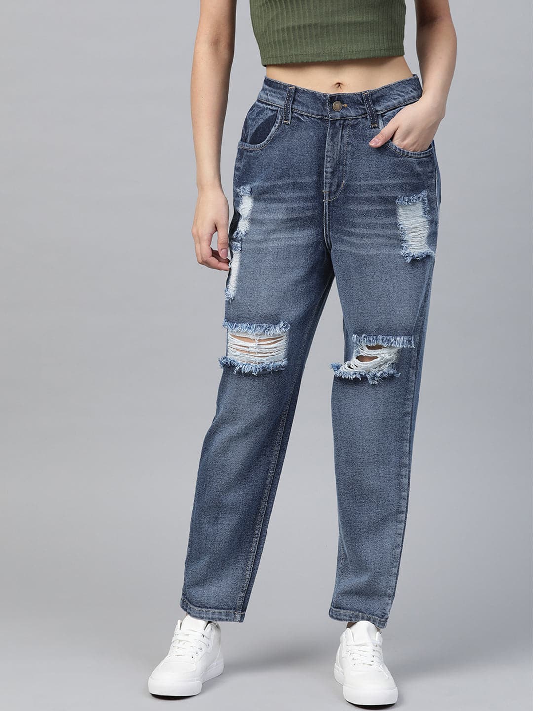 Blue High Waist Distressed Knee Jeans-Jeans-SASSAFRAS