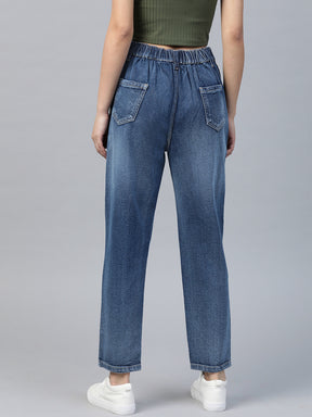 Blue High Waist Distressed Knee Jeans