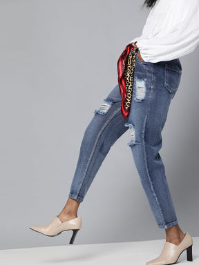 Blue High Waist Distressed Knee Jeans-SASSAFRAS