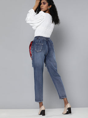 Blue High Waist Distressed Knee Jeans-SASSAFRAS