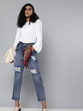 Blue High Waist Distressed Knee Jeans-SASSAFRAS