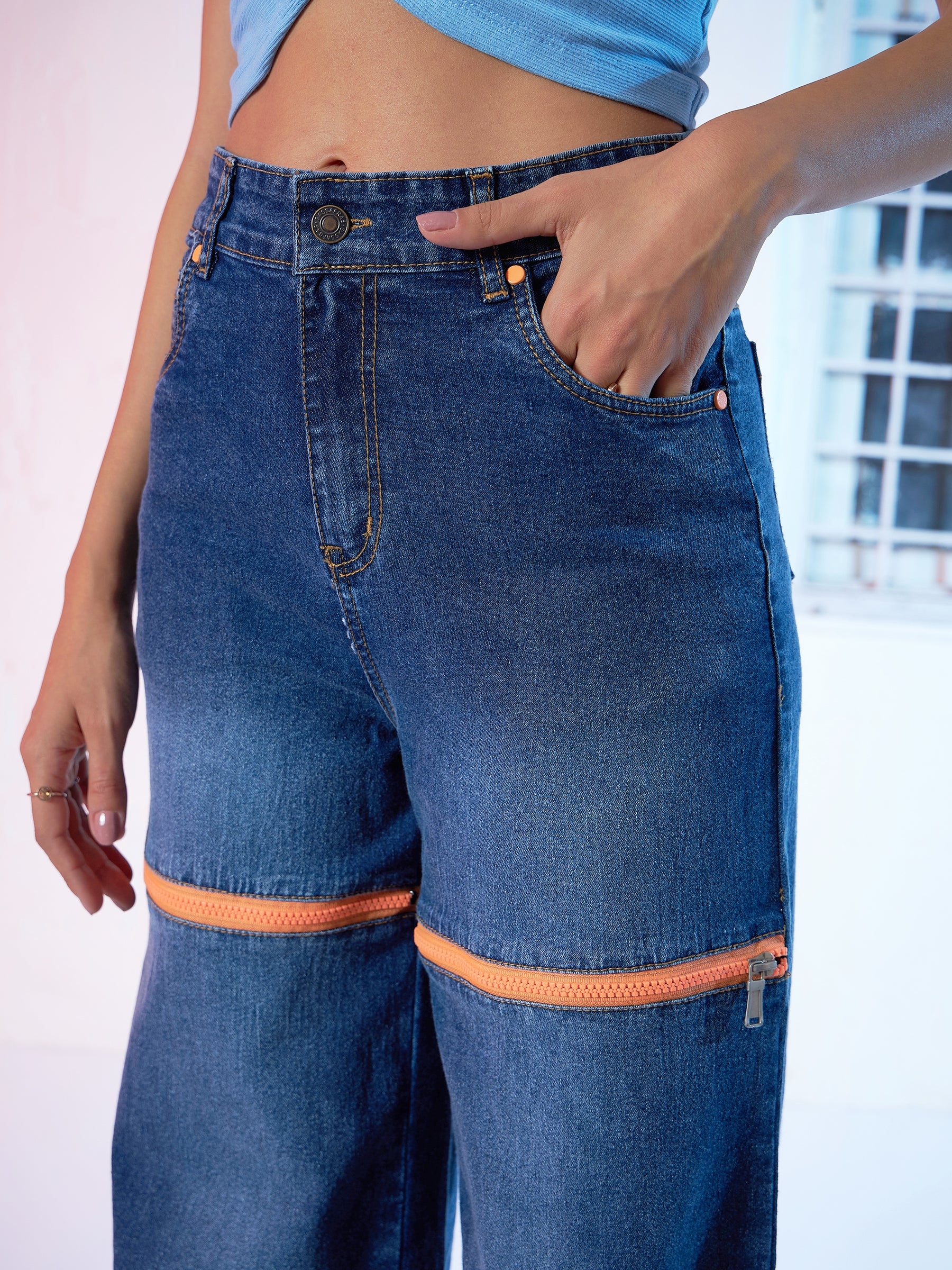 Women Dark Blue Front Zipper Stretch Straight Jeans