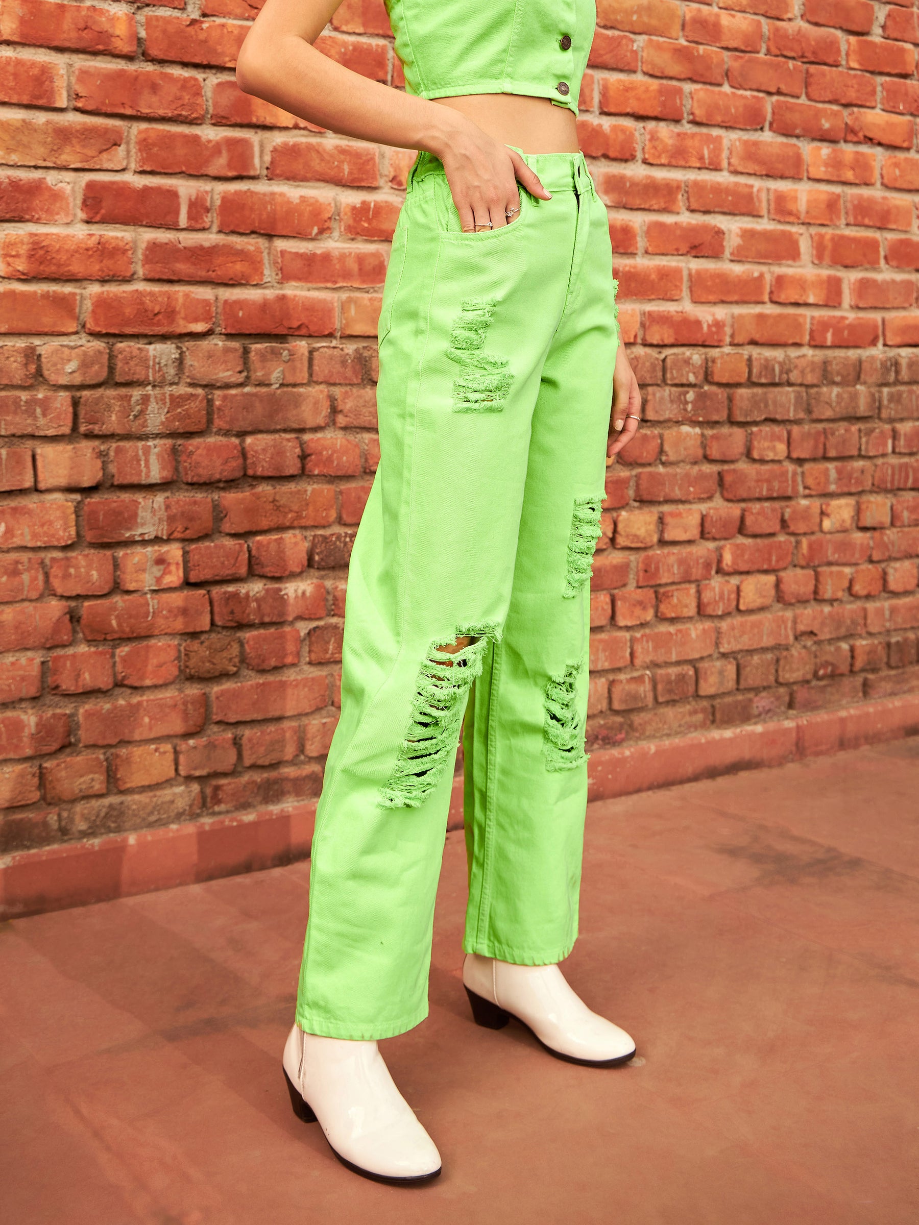 Buy Fluorescent Green Heavy Distress Straight Jeans Online At Best