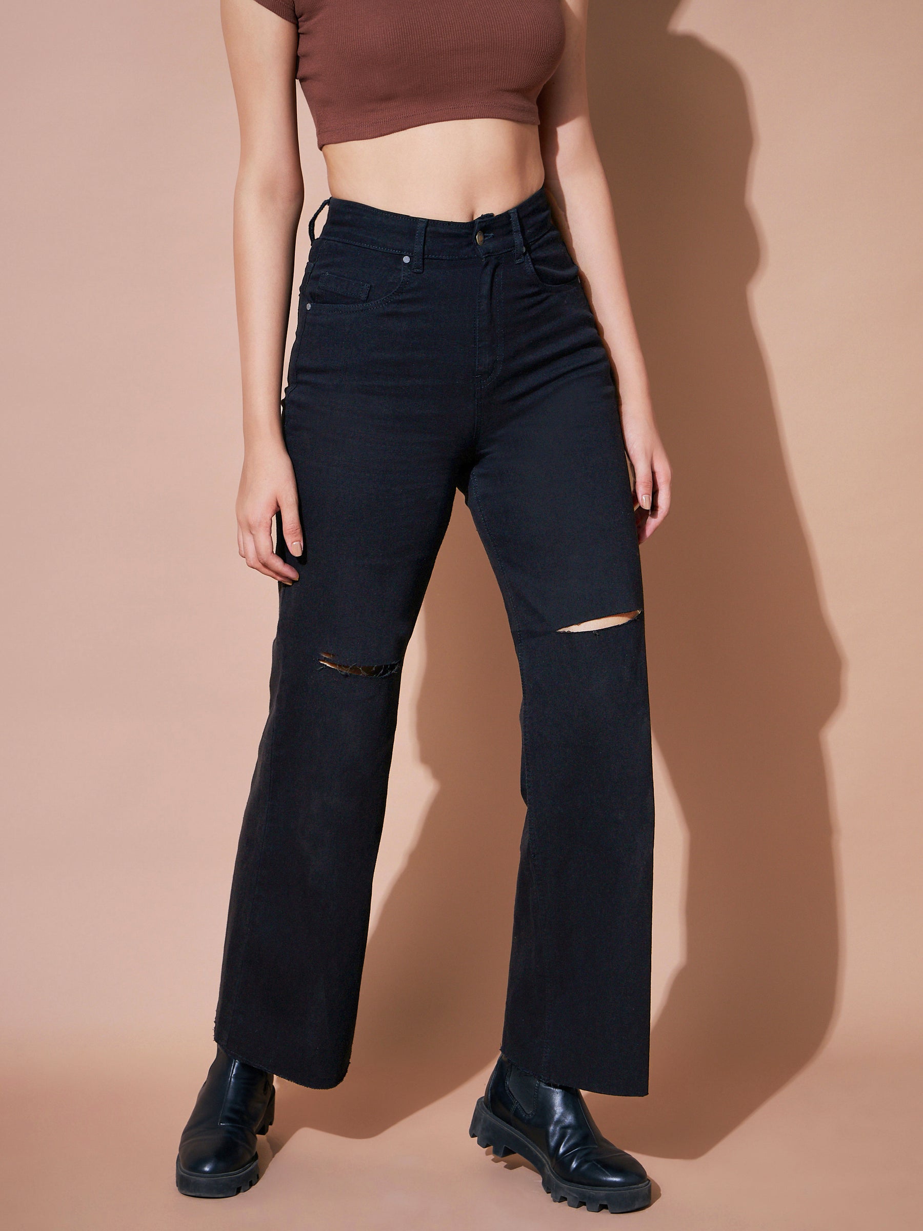BOSS - High-waisted cropped jeans in black power-stretch denim