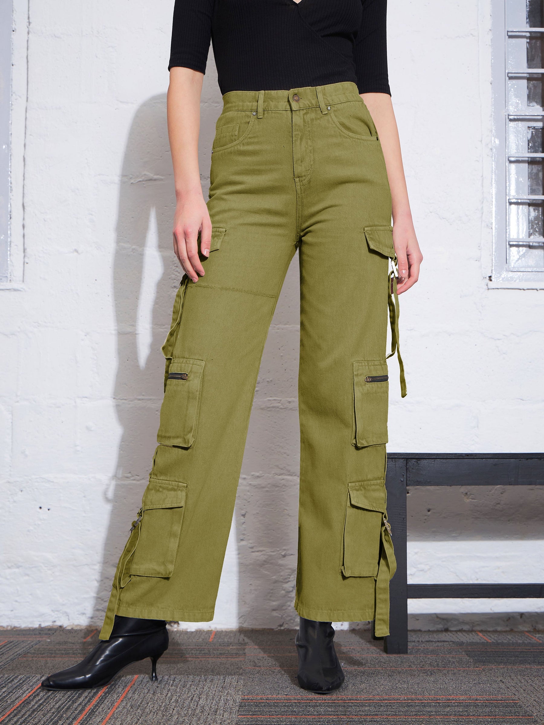 Olive Cargo Straight Jeans -SASSAFRAS