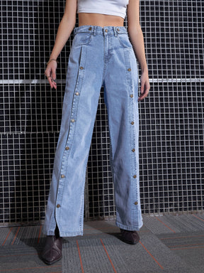 Women Blue Front Button Straight Jeans