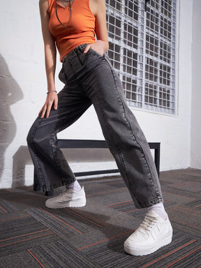 Grey Washed Zipper Detail Straight Jeans -SASSAFRAS