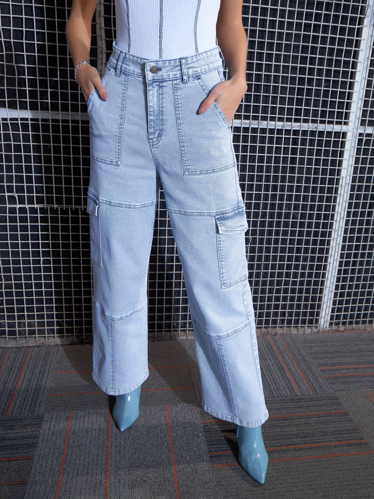 Blue Contrast Stitch Cargo Straight Jeans-SASSAFRAS
