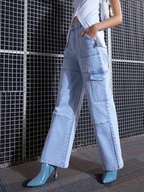 Blue Contrast Stitch Cargo Straight Jeans-SASSAFRAS