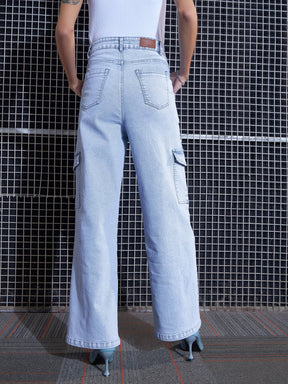 Blue Contrast Stitch Cargo Straight Jeans-SASSAFRAS