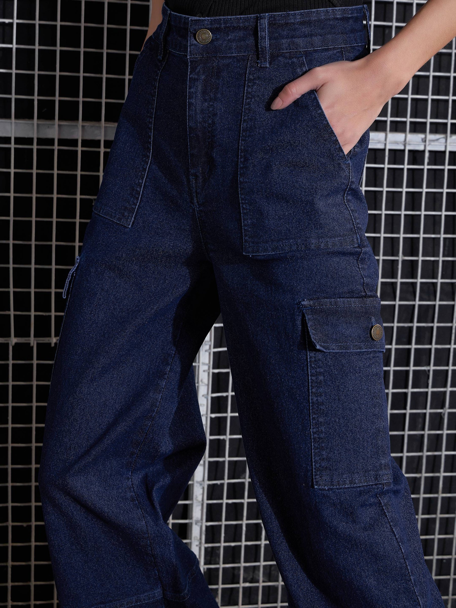 Navy Blue Hem Strap Neck Straight Jeans -SASSAFRAS