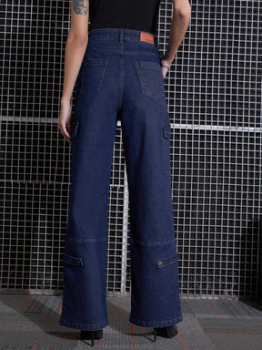 Navy Blue Hem Strap Neck Straight Jeans -SASSAFRAS