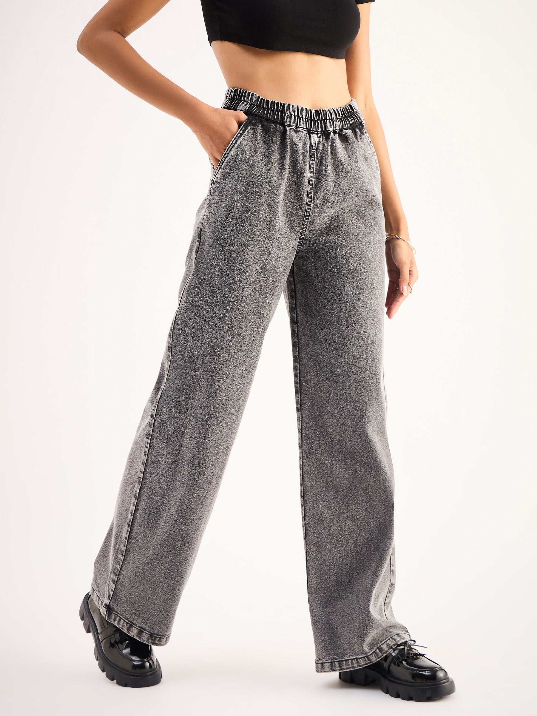Grey High Waist Elasticated Jeans-SASSAFRAS BASICS