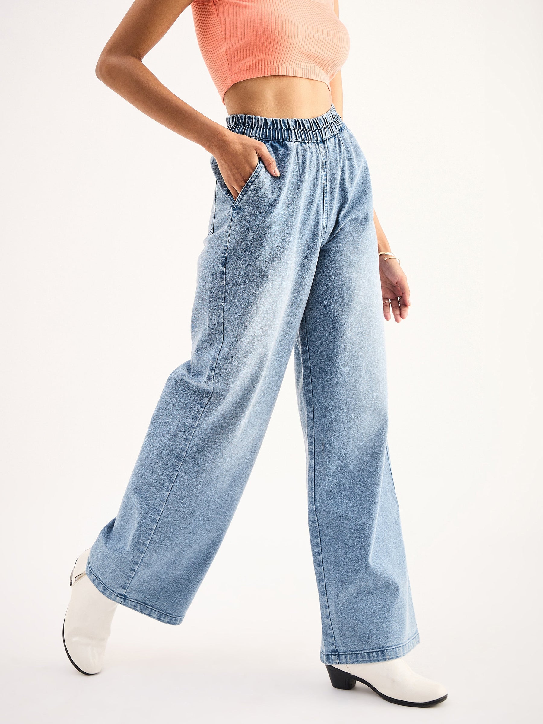 Blue High Waist Elasticated Jeans-SASSAFRAS BASICS