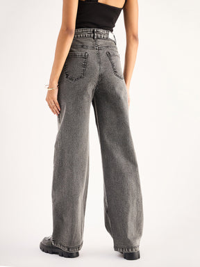 Grey High Waist Front Dart Straight Jeans-SASSAFRAS BASICS