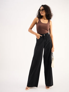 Black Seam Detail Wide Leg Jeans -SASSAFRAS BASICS