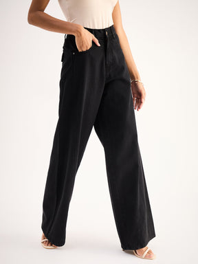 Black Seam Detail Wide Leg Jeans -SASSAFRAS BASICS