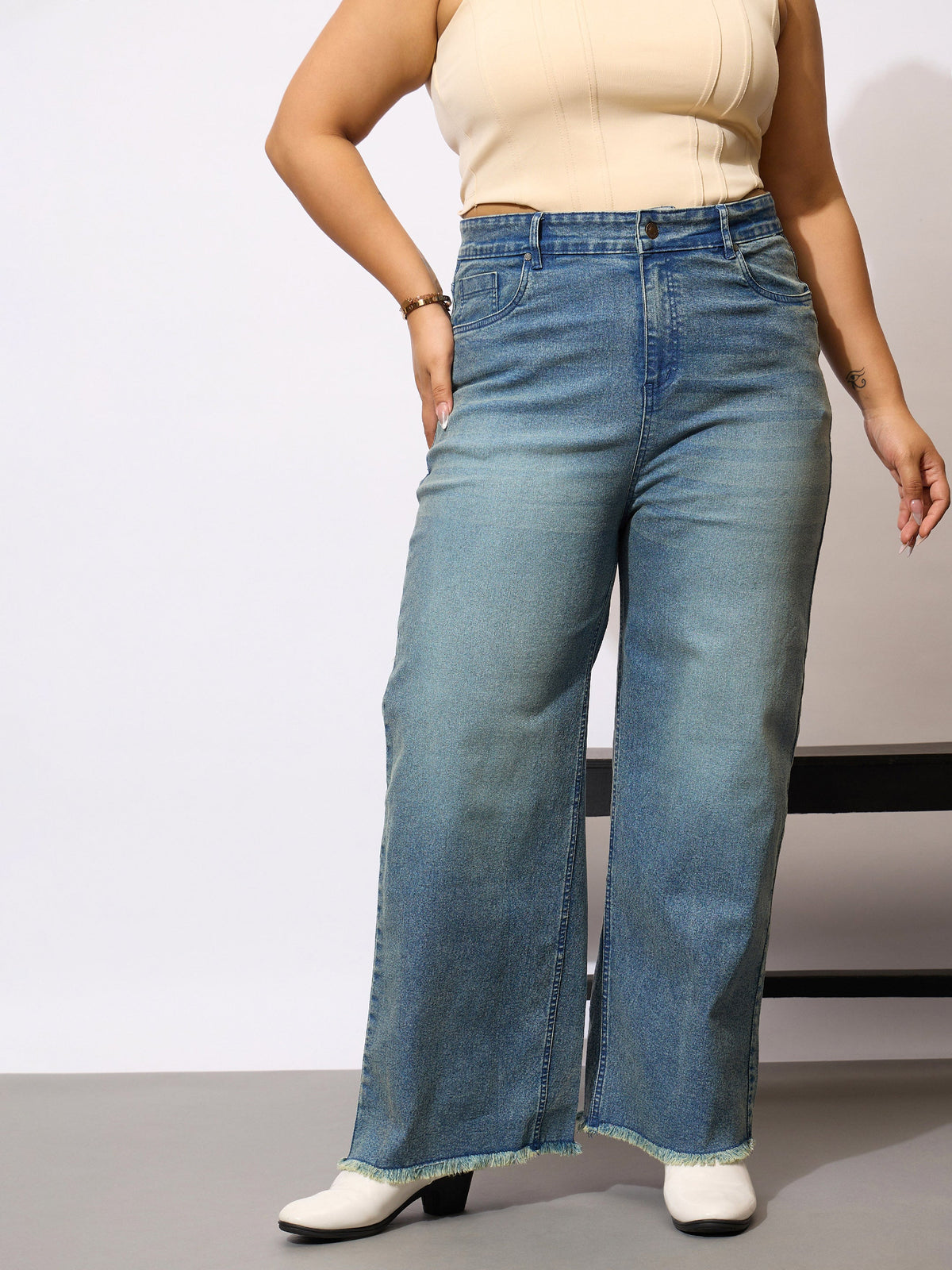 Blue Denim Acid Wash Raw Hem Straight Jeans-SASSAFRAS Curve