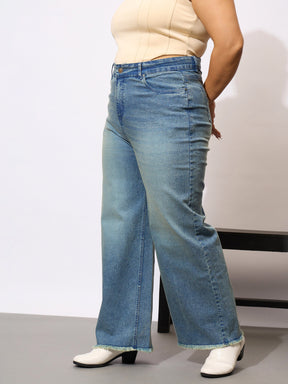 Blue Denim Acid Wash Raw Hem Straight Jeans-SASSAFRAS Curve