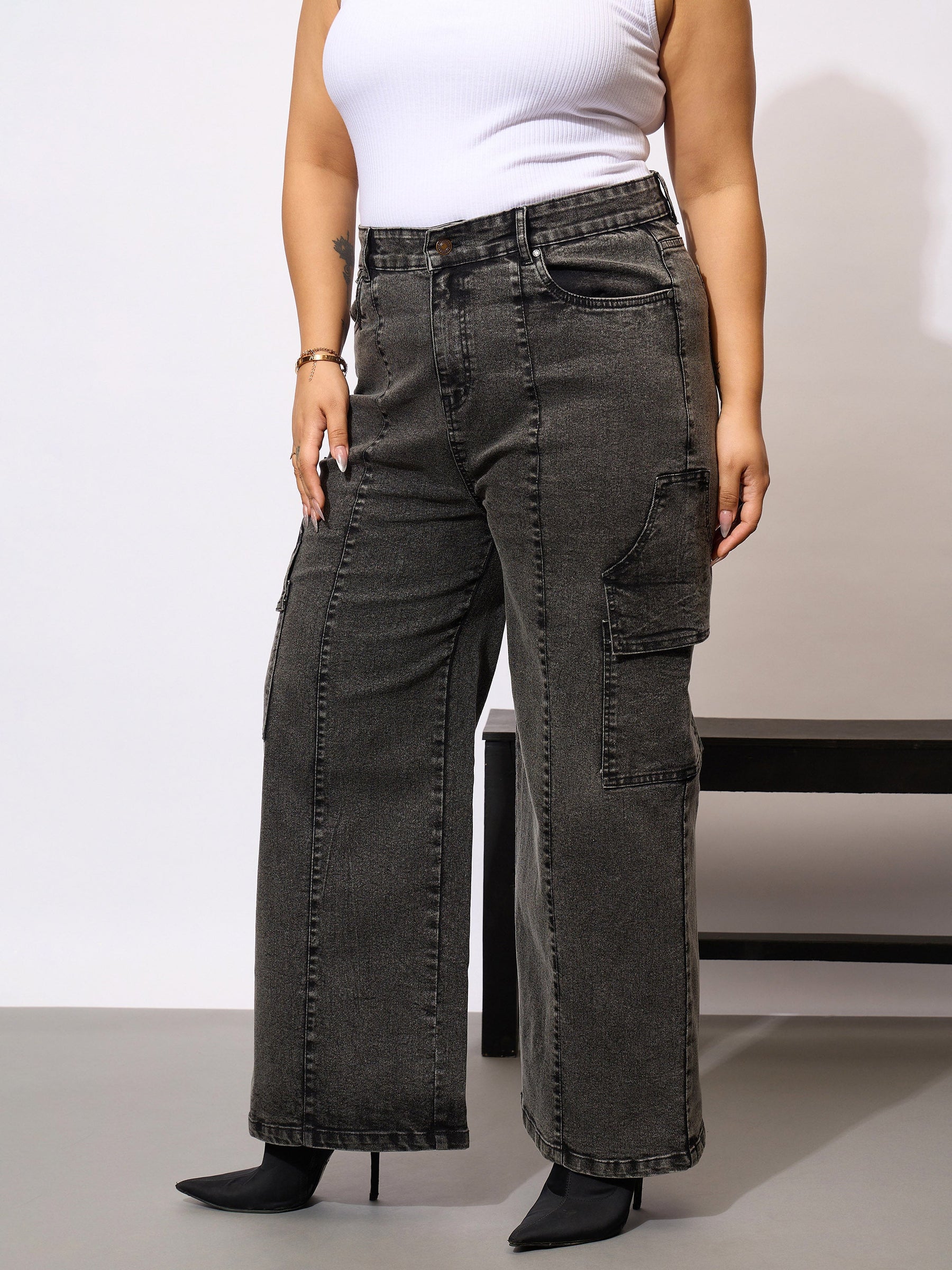 Black Denim Acid Wash Flap Pocket Cargo Jeans-SASSAFRAS Curve