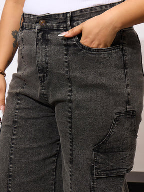 Black Denim Acid Wash Flap Pocket Cargo Jeans-SASSAFRAS Curve