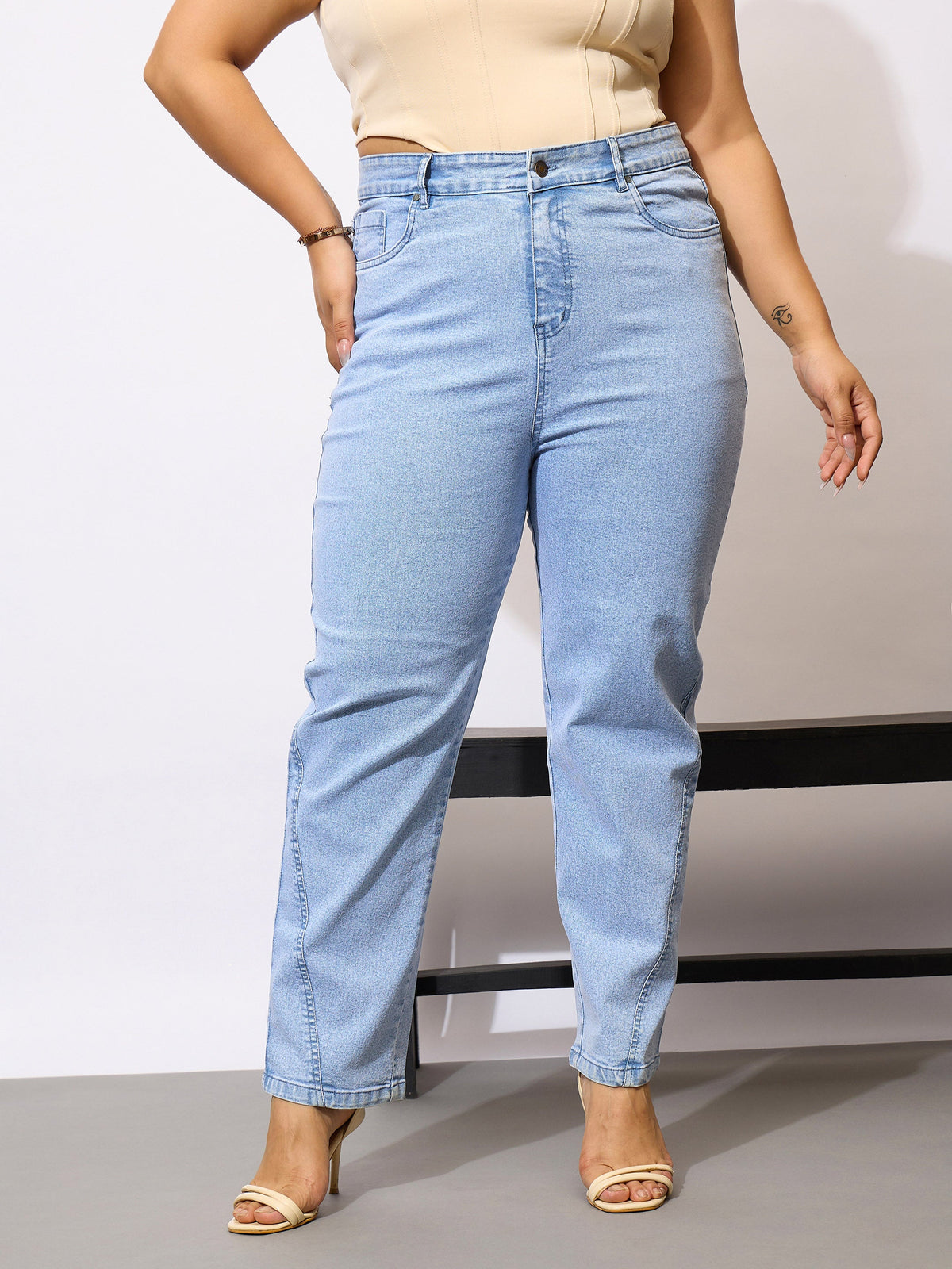 Ice Blue Acid Wash Mom Fit Jeans-SASSAFRAS Curve