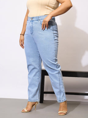 Ice Blue Acid Wash Mom Fit Jeans-SASSAFRAS Curve