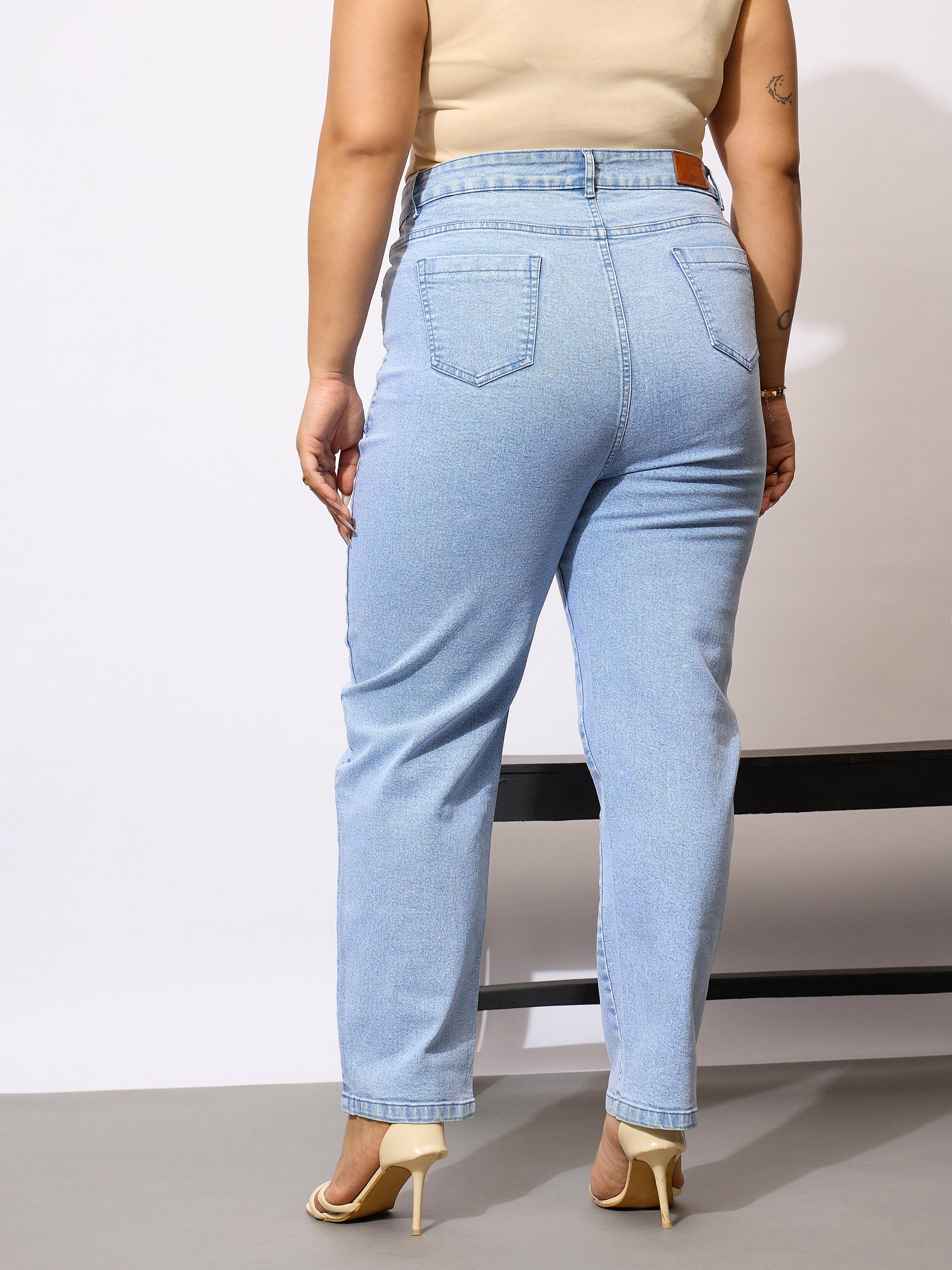 Ice Blue Acid Wash Mom Fit Jeans-SASSAFRAS Curve