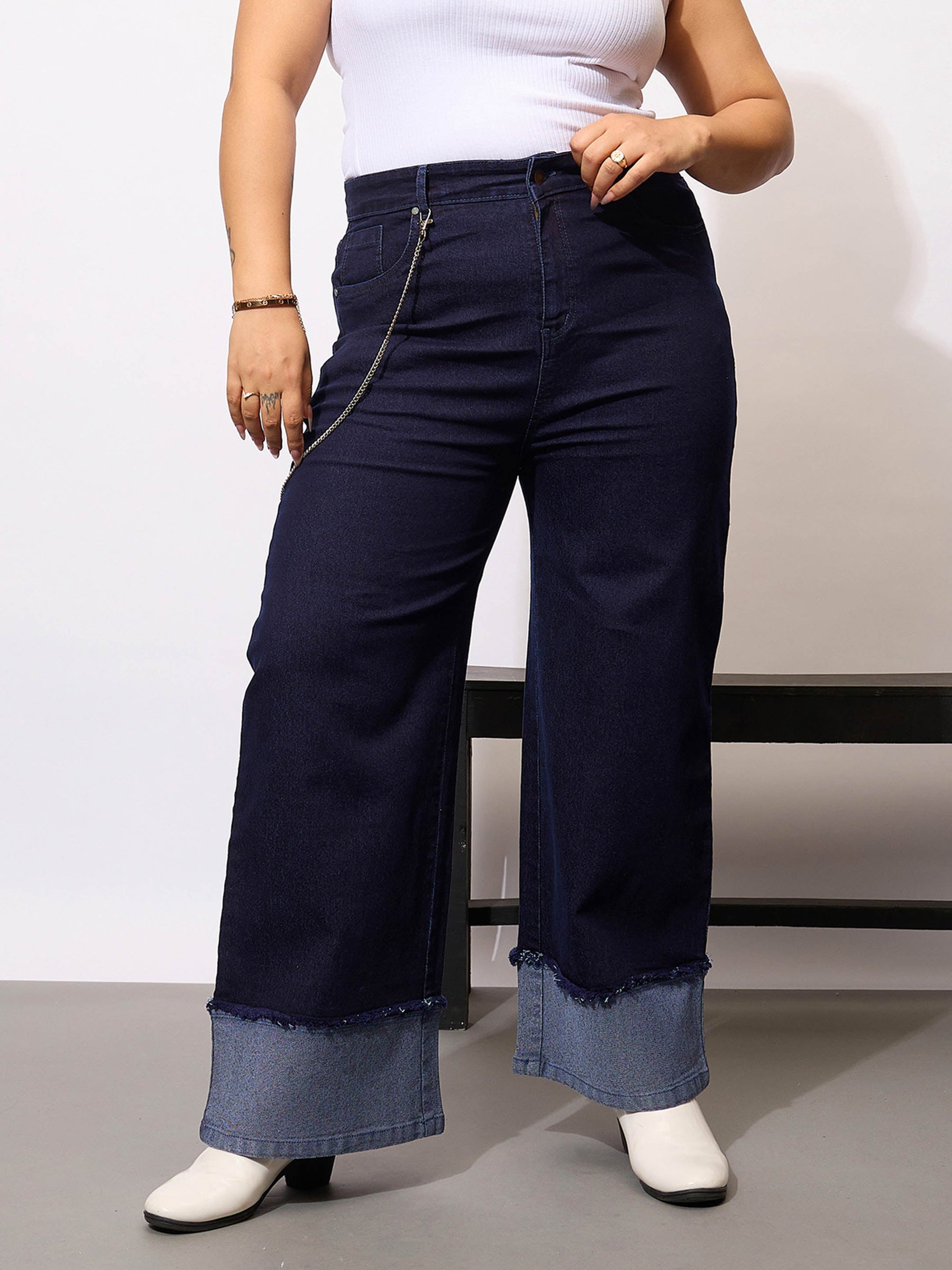 Navy Acid Wash Color Block Straight Jeans-SASSAFRAS Curve