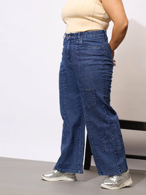 Blue Acid Wash Hem Pocket Straight Jeans-SASSAFRAS Curve