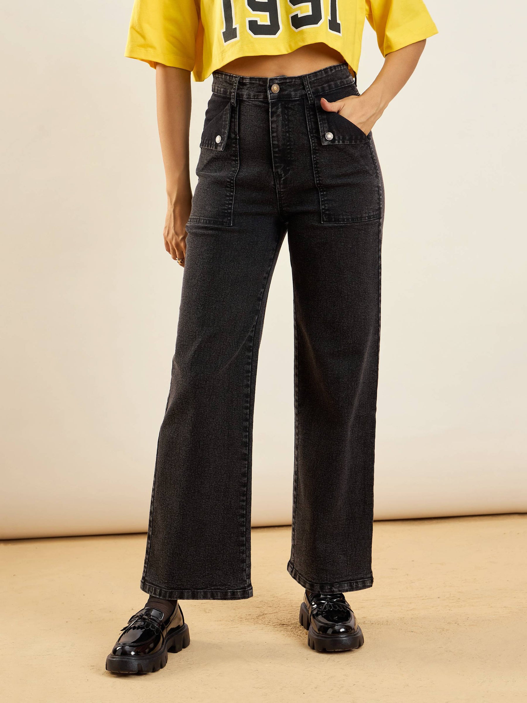 Black Washed Front Pocket Straight Fit Jeans -SASSAFRAS