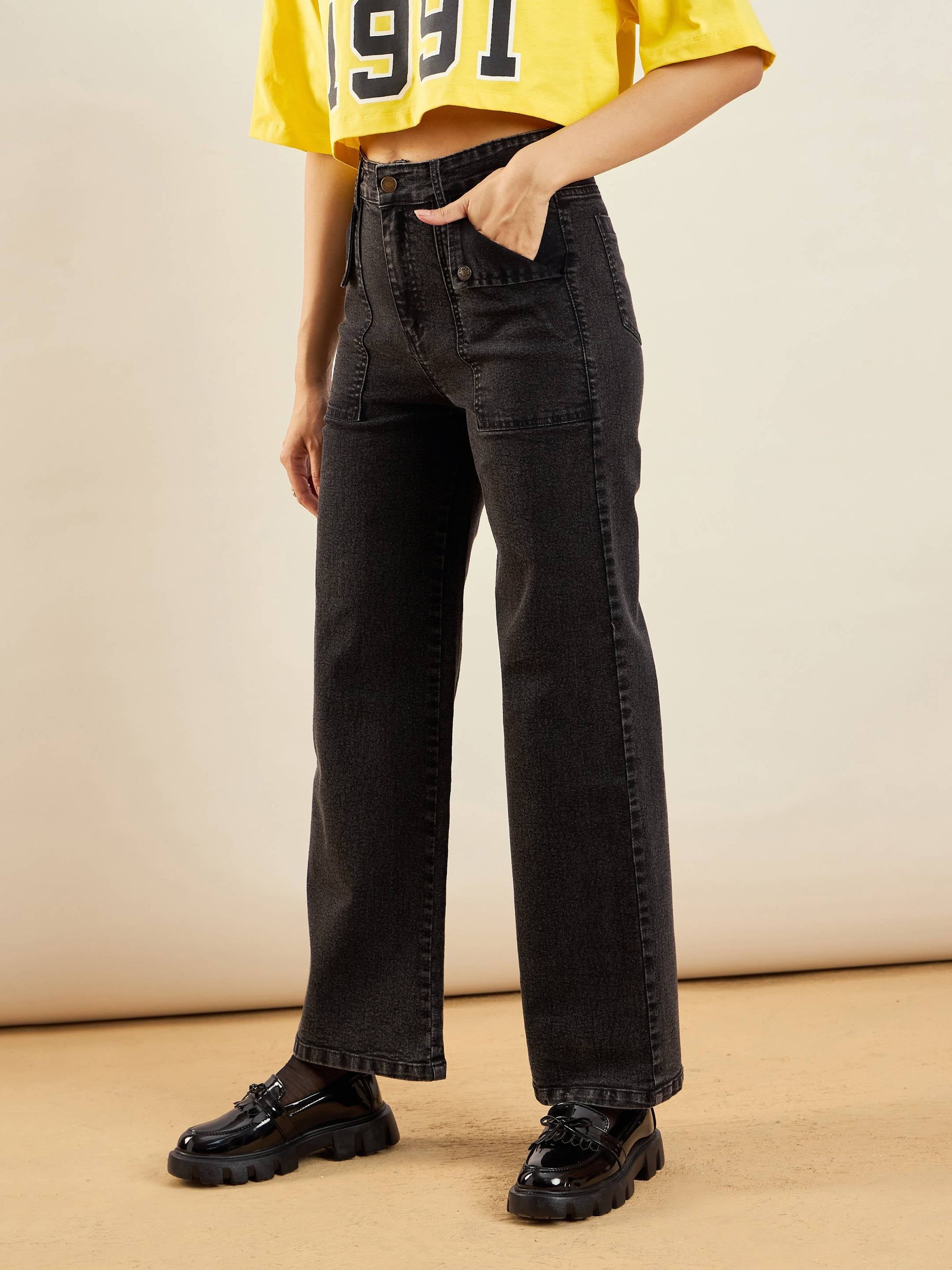 Black Washed Front Pocket Straight Fit Jeans -SASSAFRAS