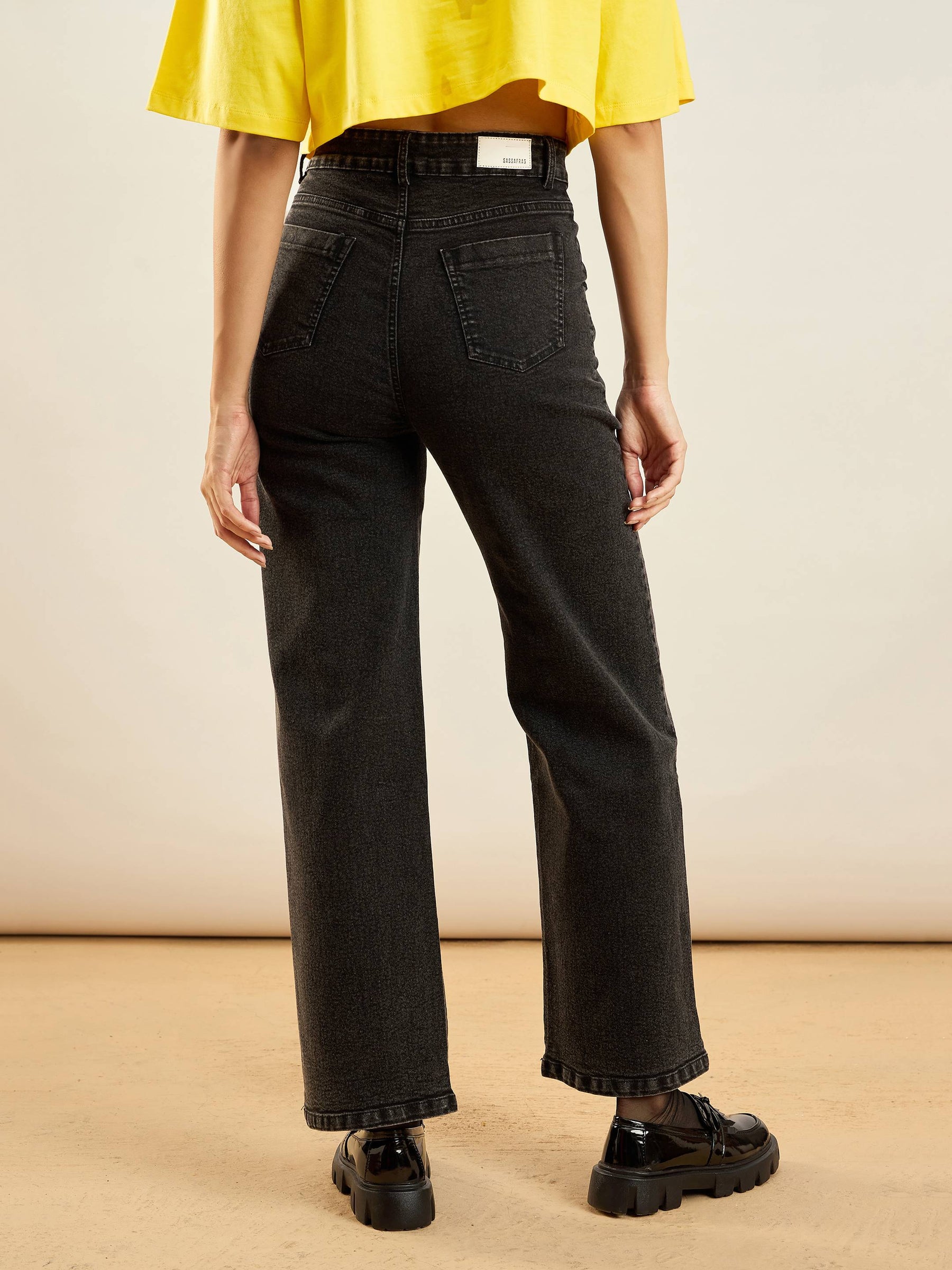 Black Washed Front Pocket Straight Fit Jeans -SASSAFRAS