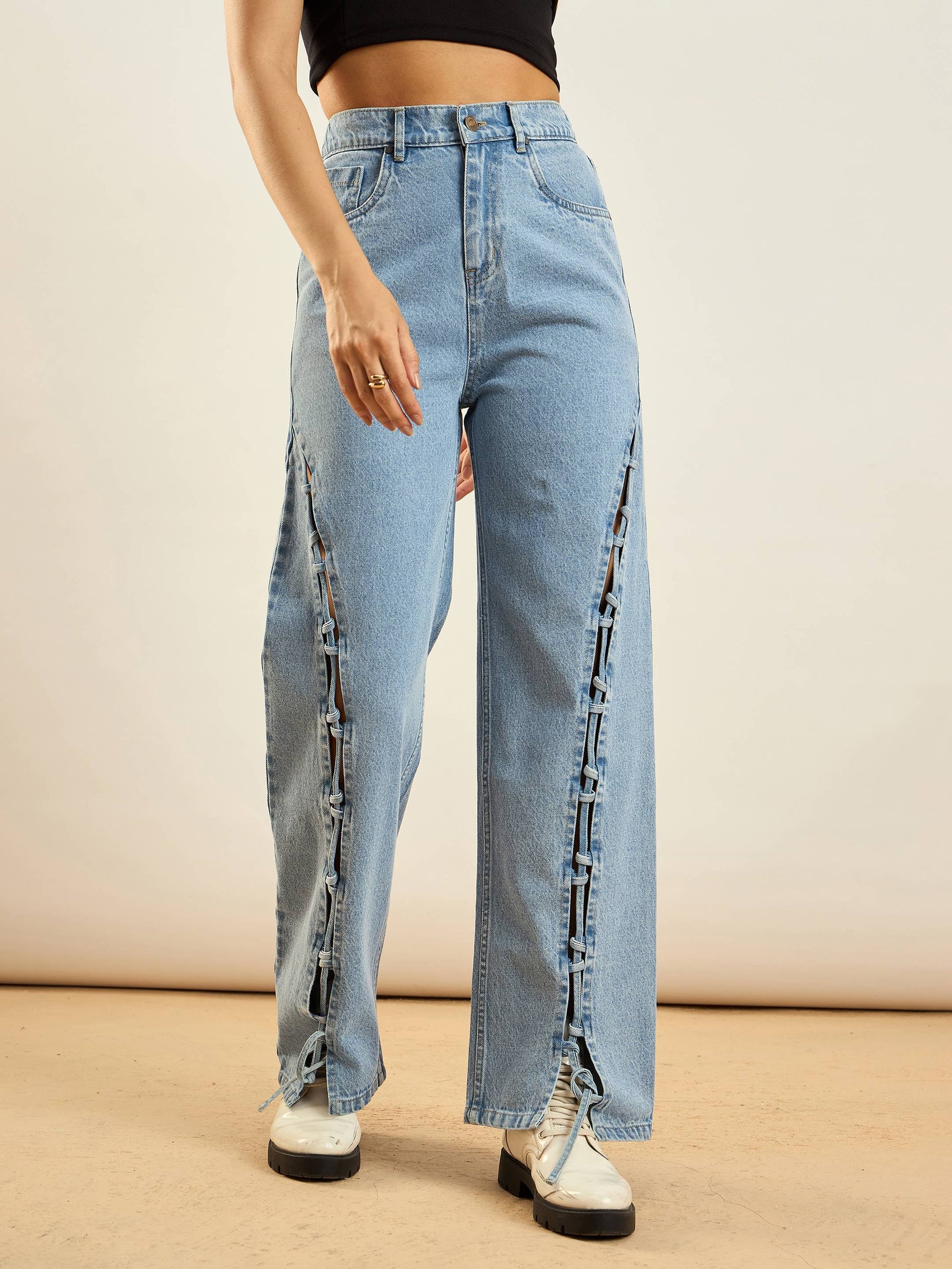 Ice Blue Dori Insert Detail Straight Fit Jeans -SASSAFRAS