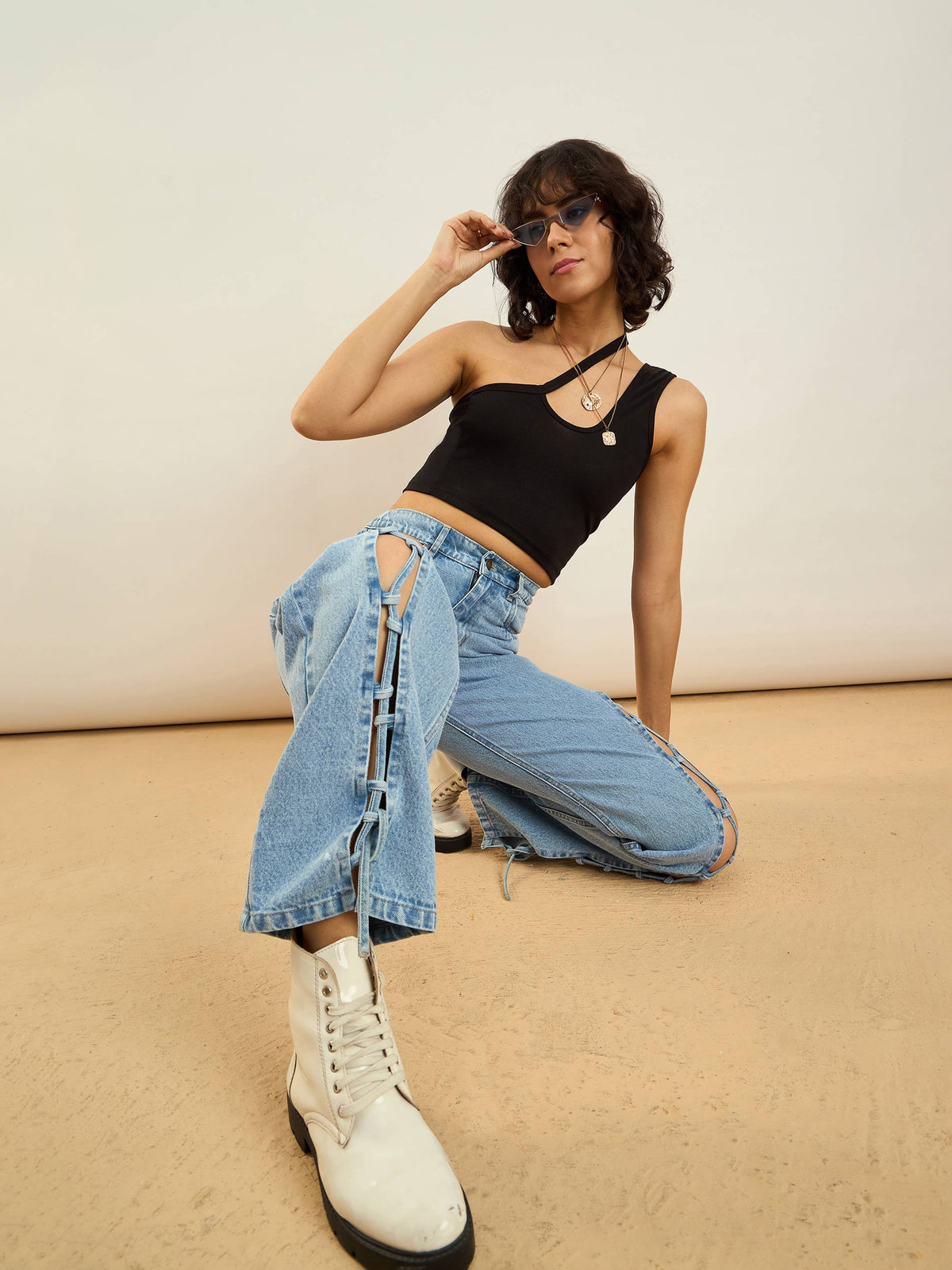 Ice Blue Dori Insert Detail Straight Fit Jeans -SASSAFRAS