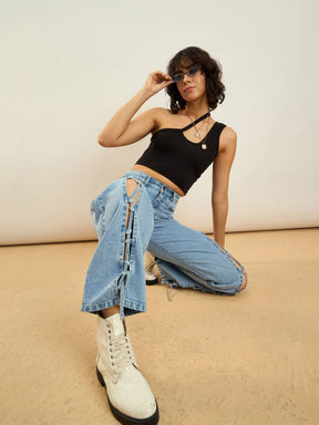 Ice Blue Dori Insert Detail Straight Fit Jeans -SASSAFRAS